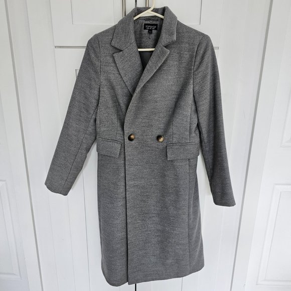 Topshop Grey Double Breasted Nancy Coat w/ Removable Faux Fur Collar 6 Like New - Picture 2 of 16